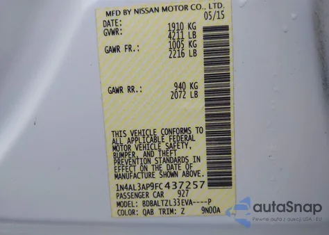 2015 Nissan Altima 2.5 Sl из США, поврежденный, VIN 1N4AL3AP9FC437257